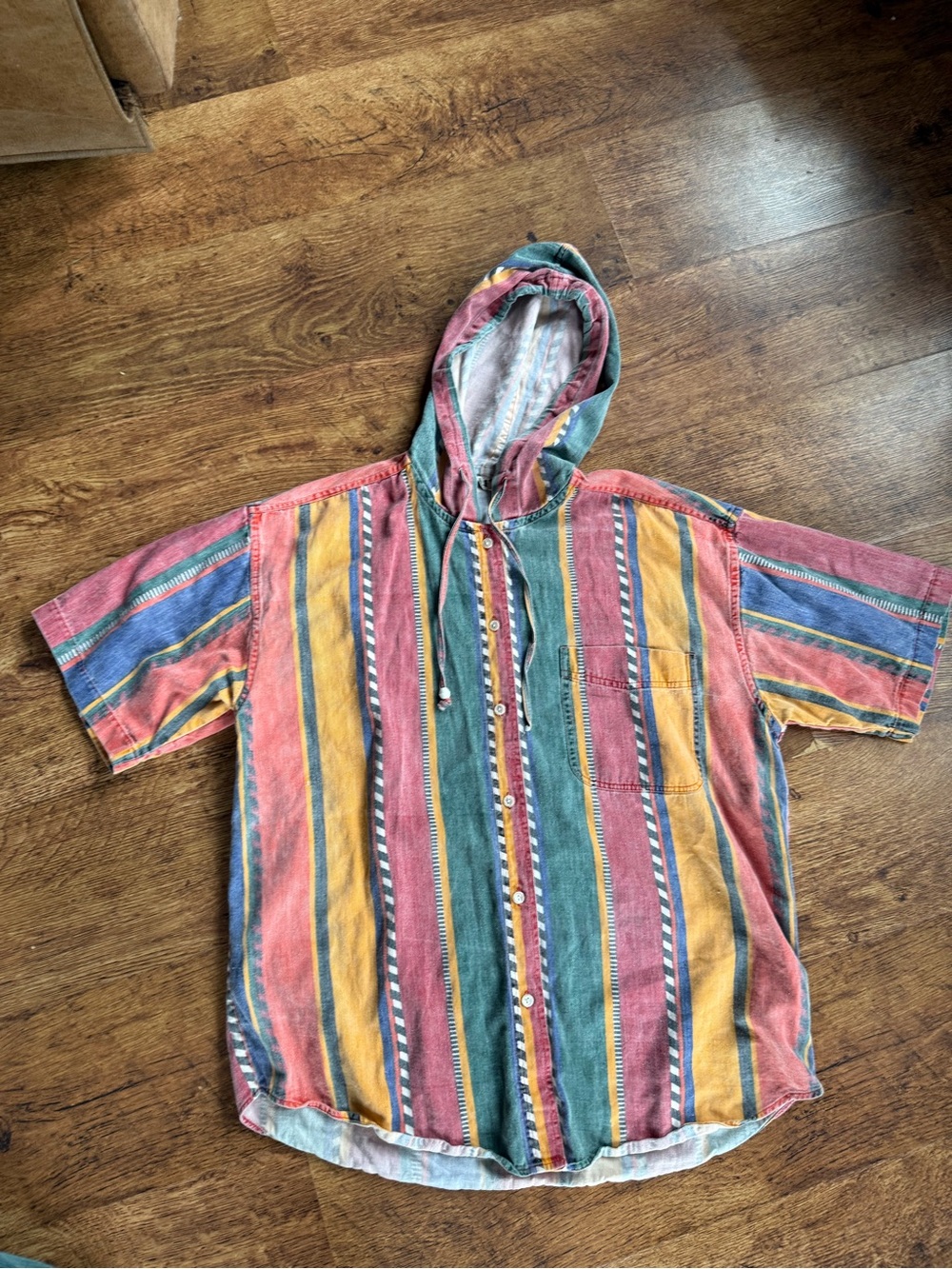 Men's Quizz Striped Multicolor Hooded Short Sleeve Button-Up Sz 14